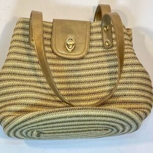 LADIES PURSE WITH MATCHING CHANGE PURSE  TAN WITH METALLIC STRIPES